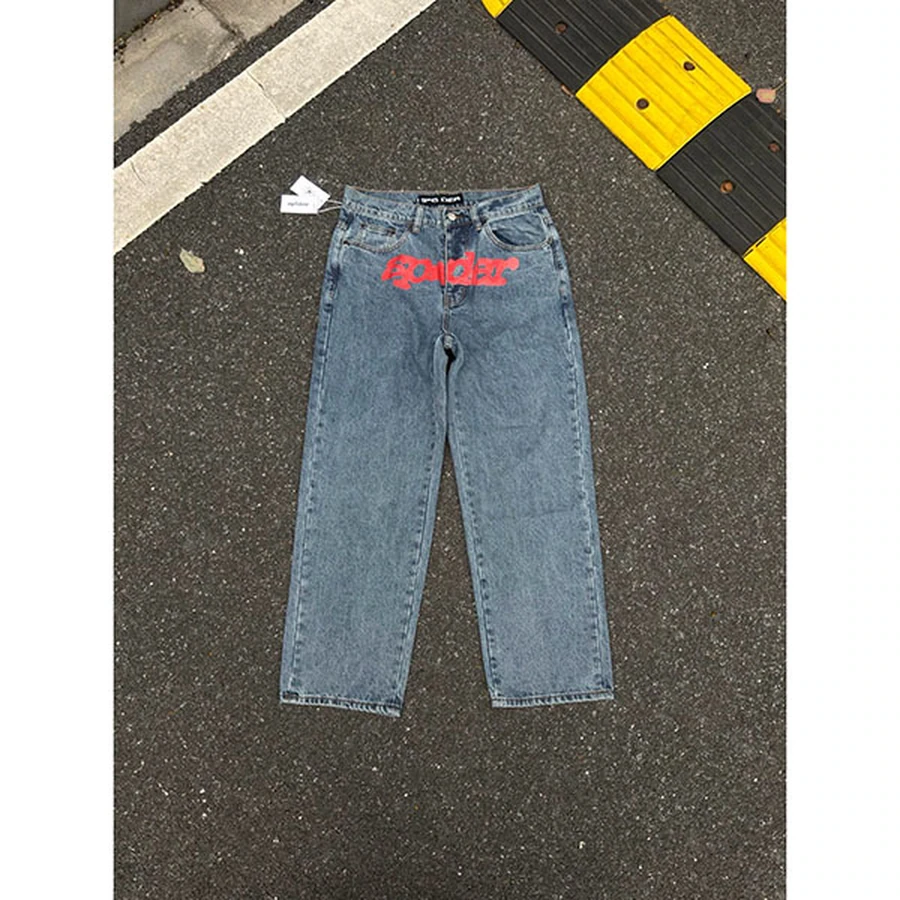 Sp5der Blue Plain Logo Graphic Jeans