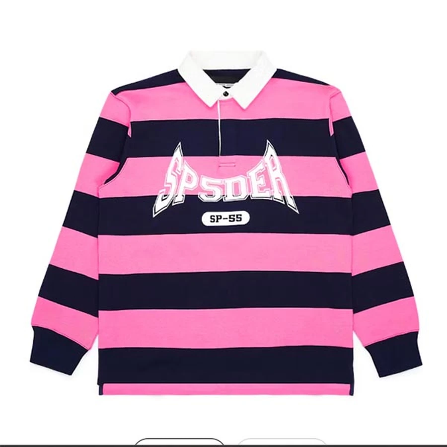 Sp5der Pink and Black Striped Polo Shirt