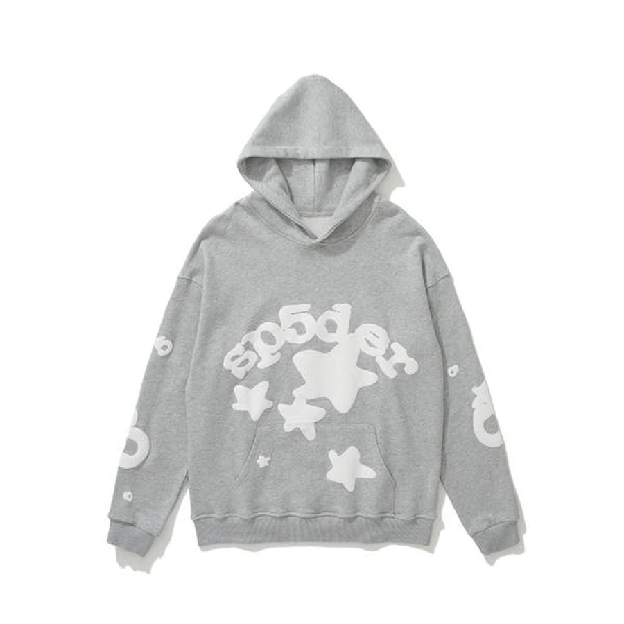 Sp5der Grey Puff Print Star Hoodie