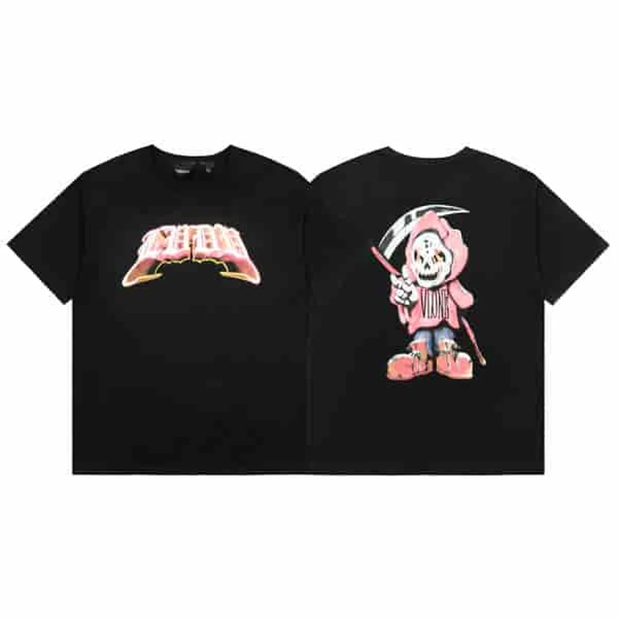 Black Large White And Blue Text T-Shirt — Black