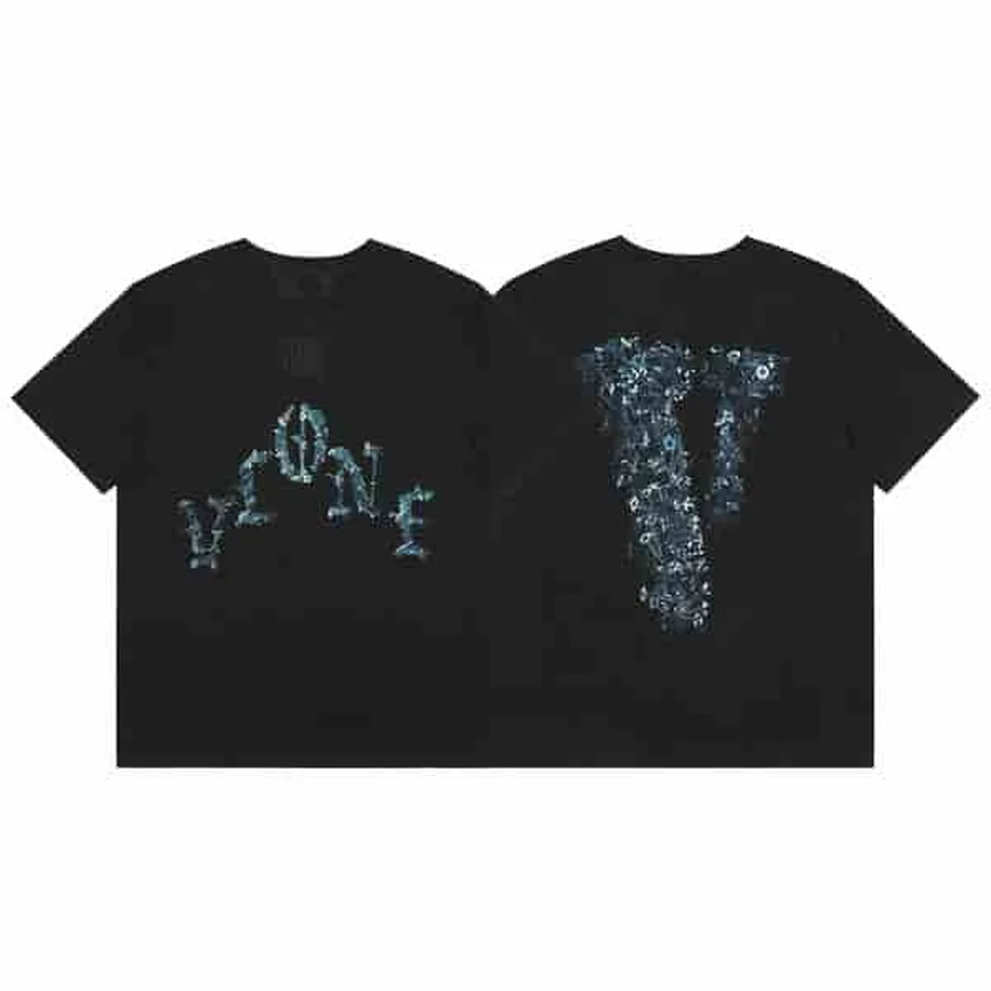 Black Large White And Blue Text T-Shirt — Black