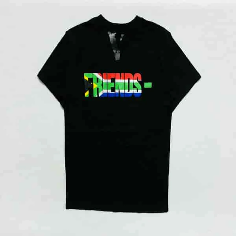 Black Large White And Blue Text T-Shirt — Black