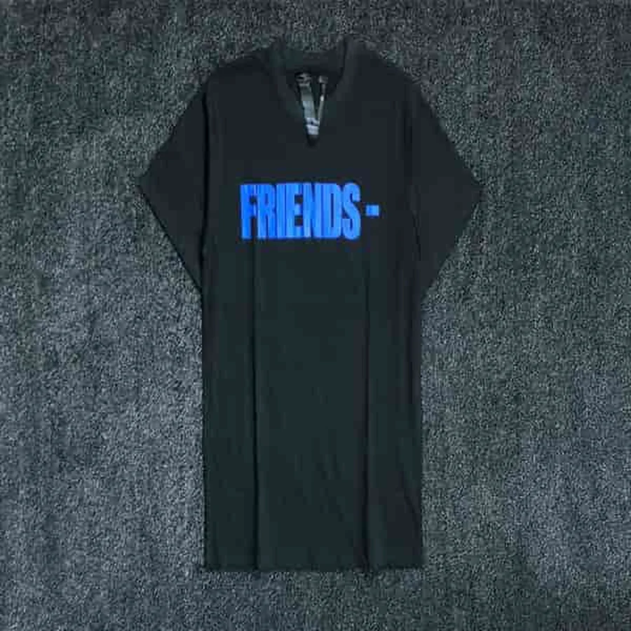 Black Large White And Blue Text T-Shirt — Black