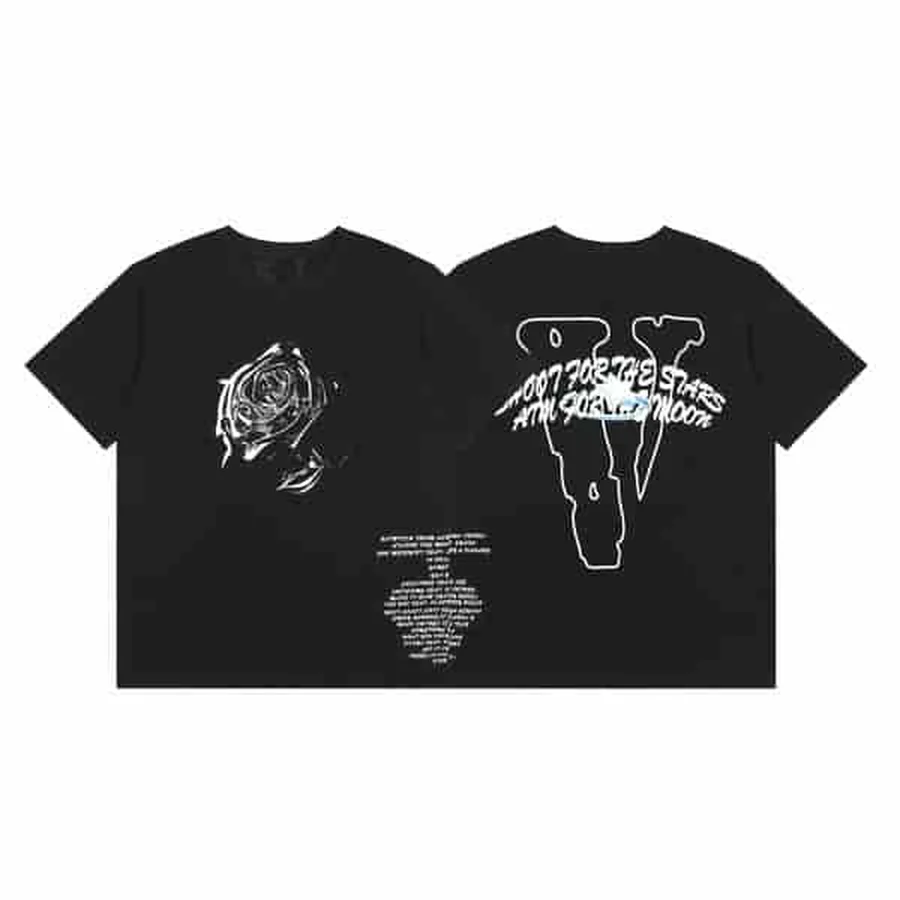 Black Large White And Blue Text T-Shirt — Black